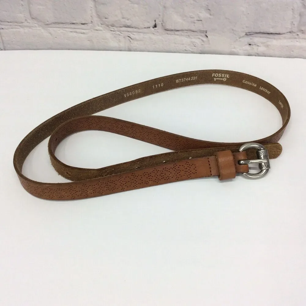 Fossil Thin Belt Women's Size L Brown Leather Tooled Boho Cowgirl Festive Casual